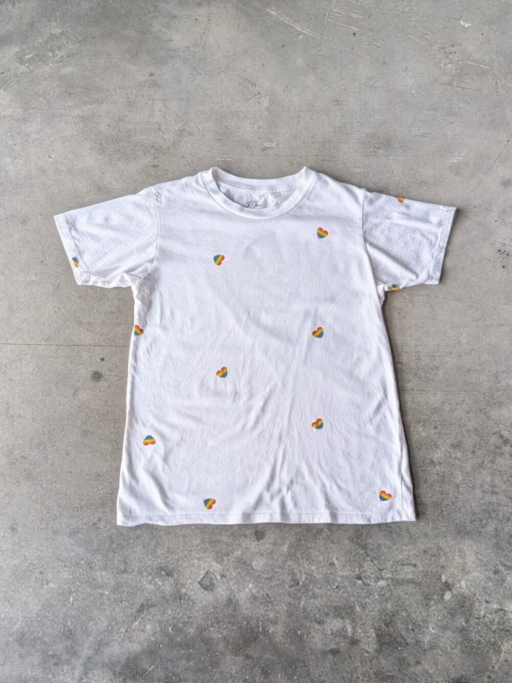 J. Crew White Tee with Colorful Rainbow Heart Pattern Pride Month small